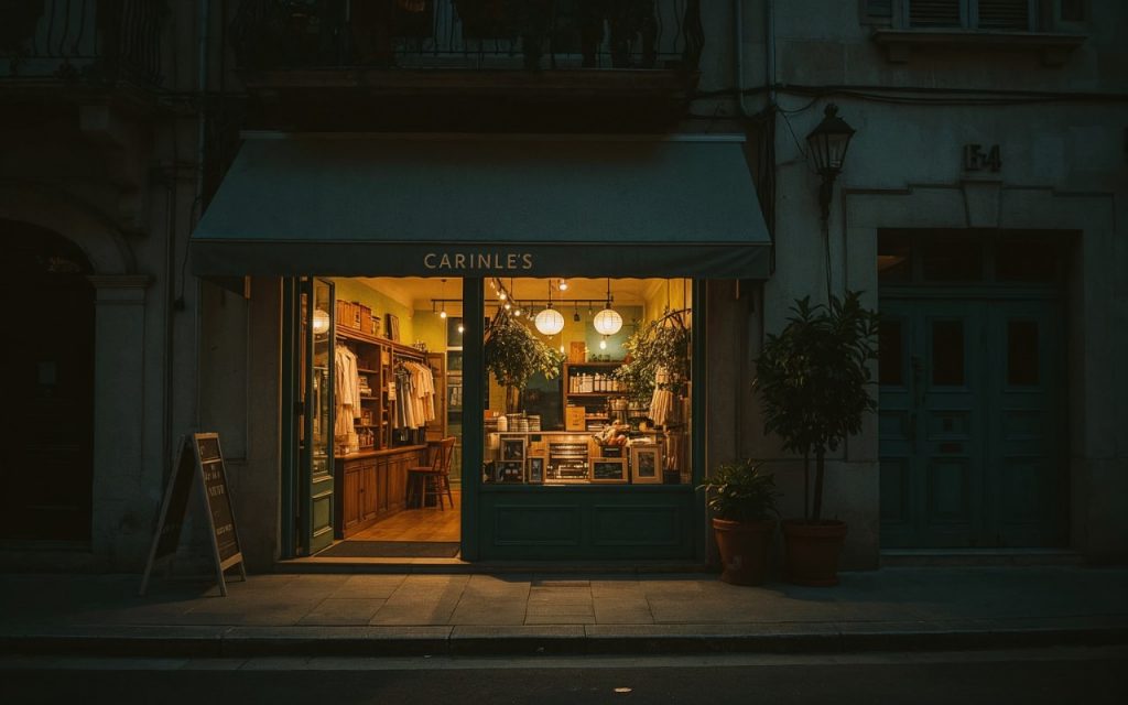 Comercio local iluminado al atardecer en una calle