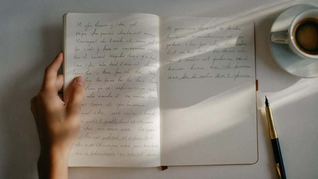 Escritorio de redacción con cuaderno, pluma y taza de café visto desde arriba