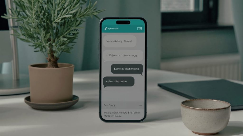 Móvil sobre un escritorio mostrando burbujas de conversación de un chatbot