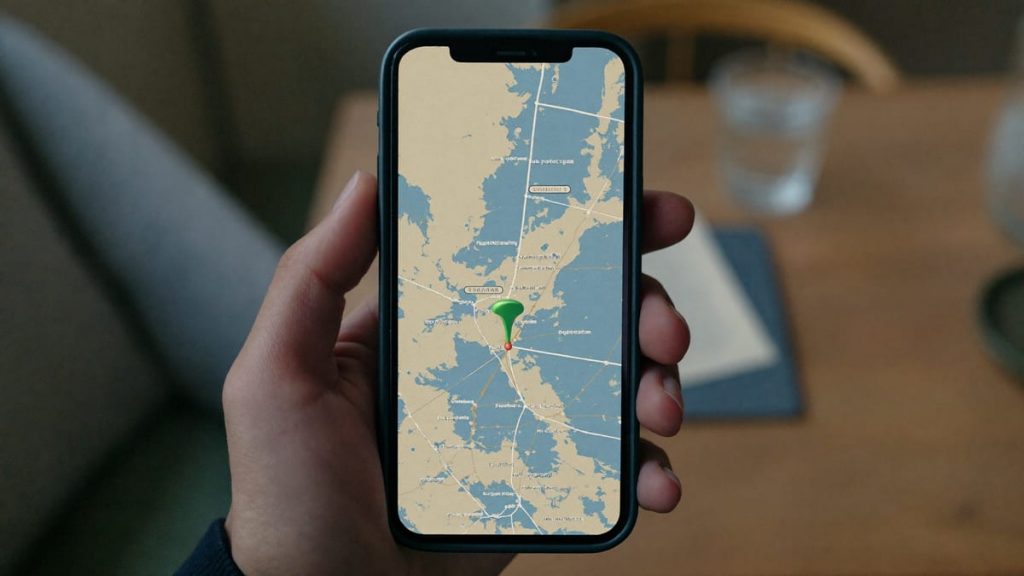 Mano sosteniendo un móvil con un mapa y un marcador de ubicación en una cafetería